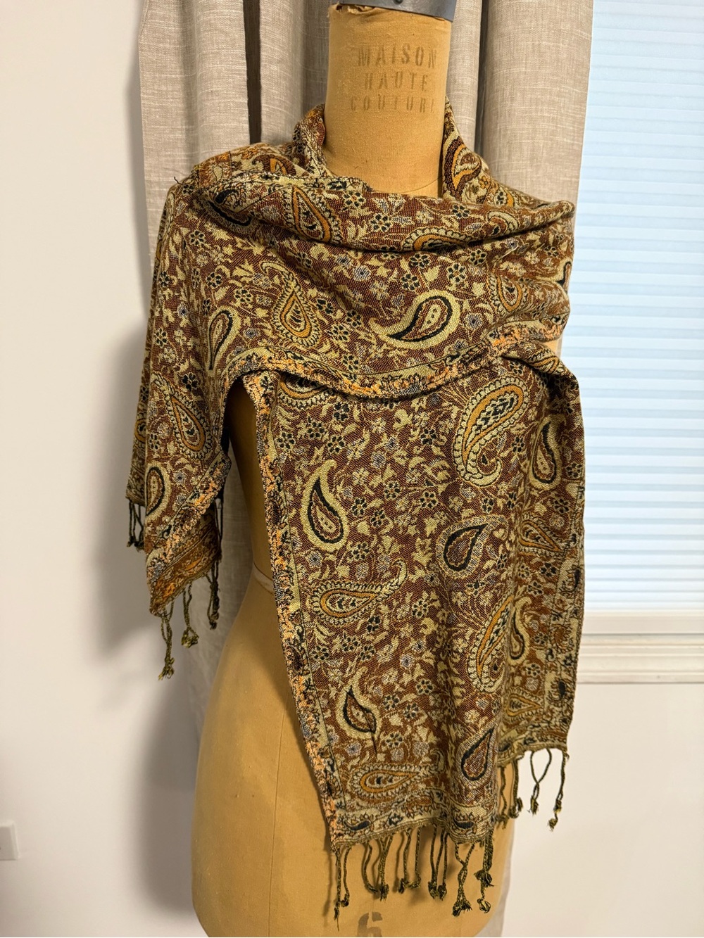 Paisley Fringe Wrap Scarf in Brown and Gold